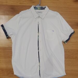 White Short Sleeve Men's Shirt With Tropical Accents
